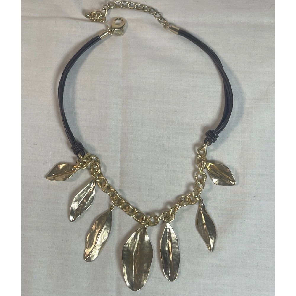 Chico's Hammered Leaf Bib Necklace Gold Tone Brown Cord Boho 17.5-21"